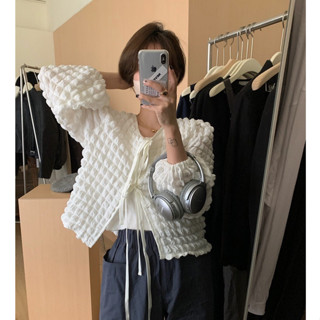 短袖黑/長袖白現貨秒出售完不再♥【JinG】正反2穿後綁帶泡泡棉壓紋公主袖上衣♥燈籠袖外套 澎澎袖罩衫 蝴蝶結短版上衣