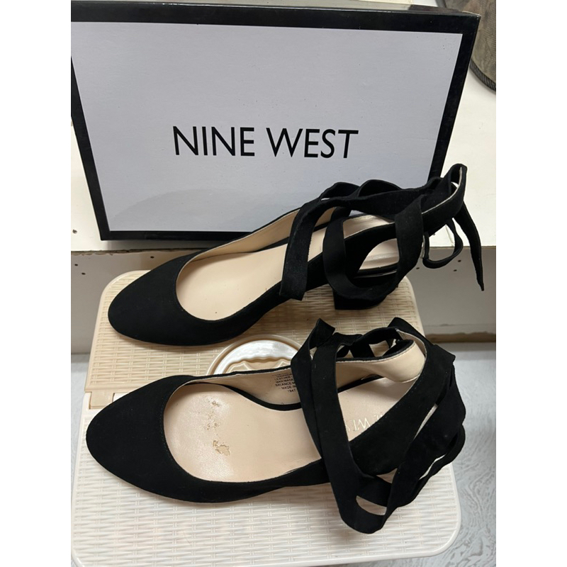 NINE WEST 7.5號 黑色麂皮綁帶高跟鞋