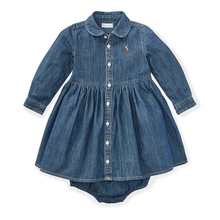 【Ralph Lauren】嬰兒童裝 長袖連身洋裝 RL彩馬牛仔連身裙 女寶寶 18M 現貨 深藍