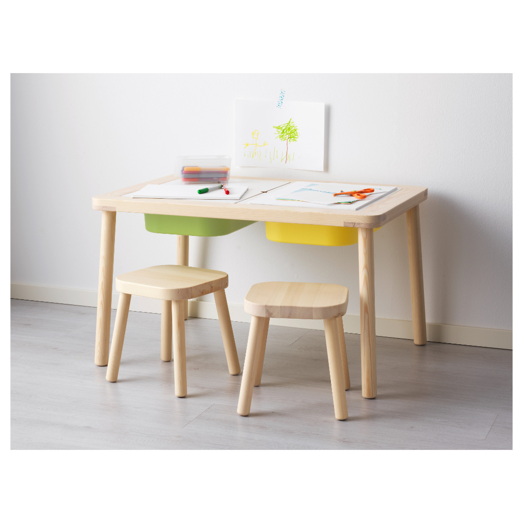北歐風格經典IKEA宜家FLISAT兒童一桌二椅組/兒童桌椅/包含TROFAST收納盒/淺木色/二手八成新/特$2200