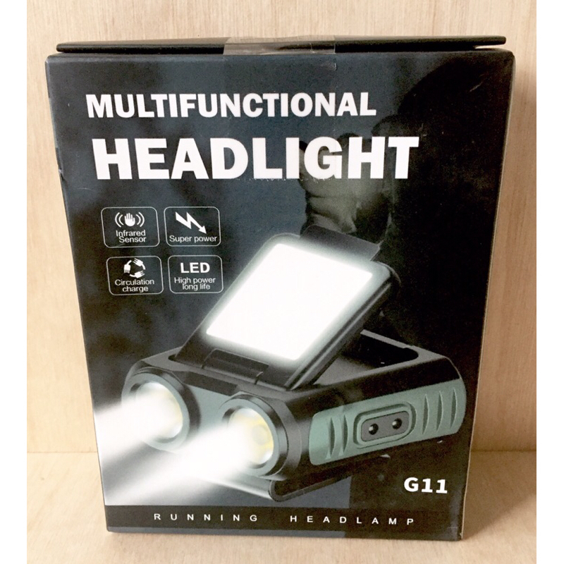 多功能感應頭燈(G11)雙開關、可帽夾/可頭戴燈、type-c/USB充電、夜釣頭燈、內置電池、LED電量顯示、工作燈