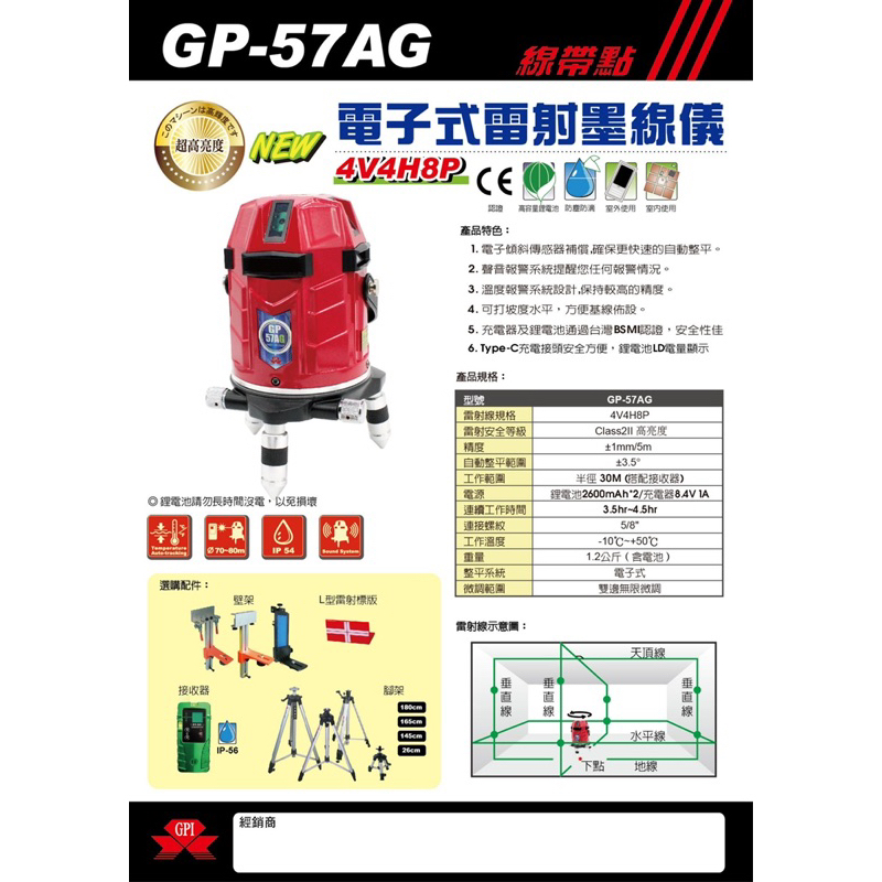 全新GP-57AG強光電子自動整平8線綠光雷射水平儀（實體店面）