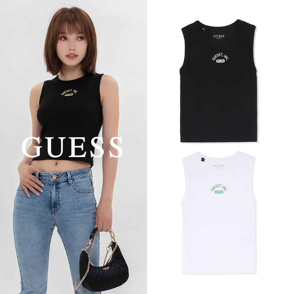 【GUESS】性感修身 素色休閒百搭小LOGO背心-兩色任選