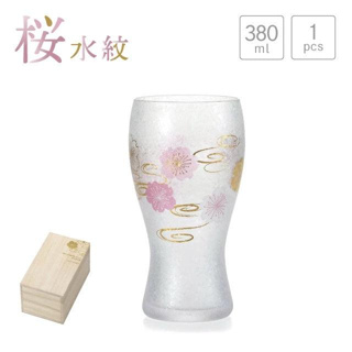 「家電王」 日本製 櫻花水紋 啤酒杯｜380ml 玻璃酒杯 玻璃杯 盒裝 送禮 櫻花 水波紋 日式風格 日本啤酒