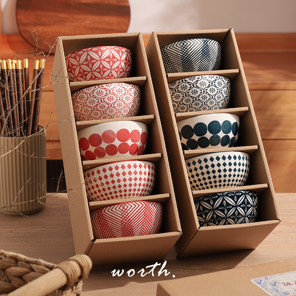 渥思【現貨】日式手繪陶瓷碗 5入套組 餐具禮盒 復古風格 現貨