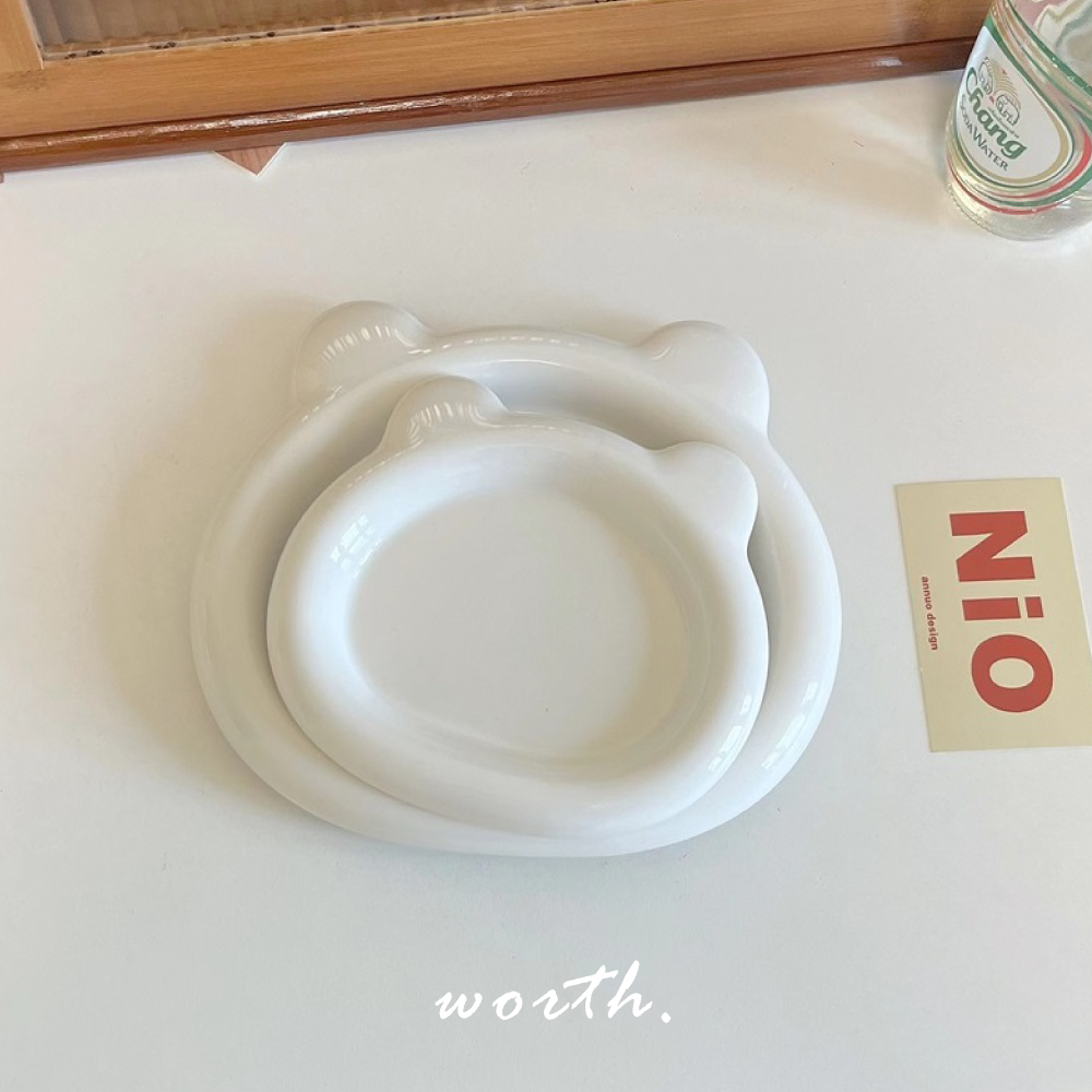 渥思【現貨】小熊圓滾滾造型盤 韓系餐盤 陶瓷盤 甜點盤 盤子 奶白色盤