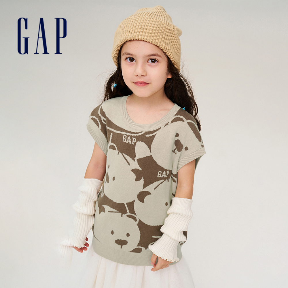 Gap 兒童裝 Logo純棉小熊印花針織背心-棕色(719031)