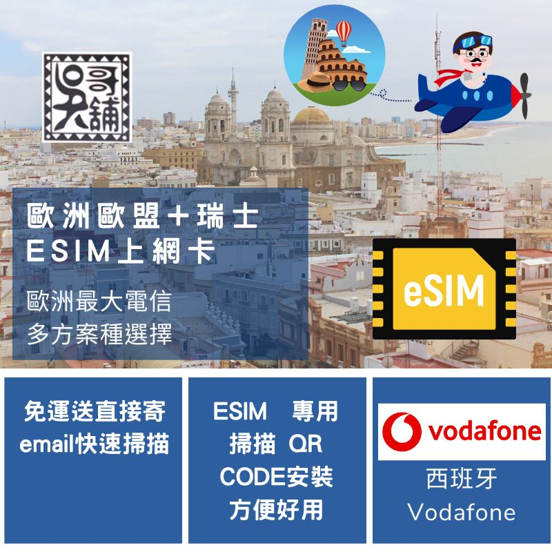 ESIM 歐洲 Vodafone 歐盟+瑞士+土耳其，多種方案~極速方便快速掃描QR CODE立即上