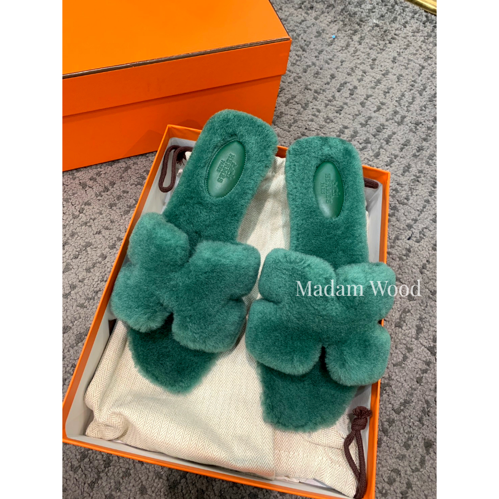 【現貨】HERMES Oran 綠色 絨毛拖鞋 毛毛拖鞋 (現貨38.5碼) #超顯白