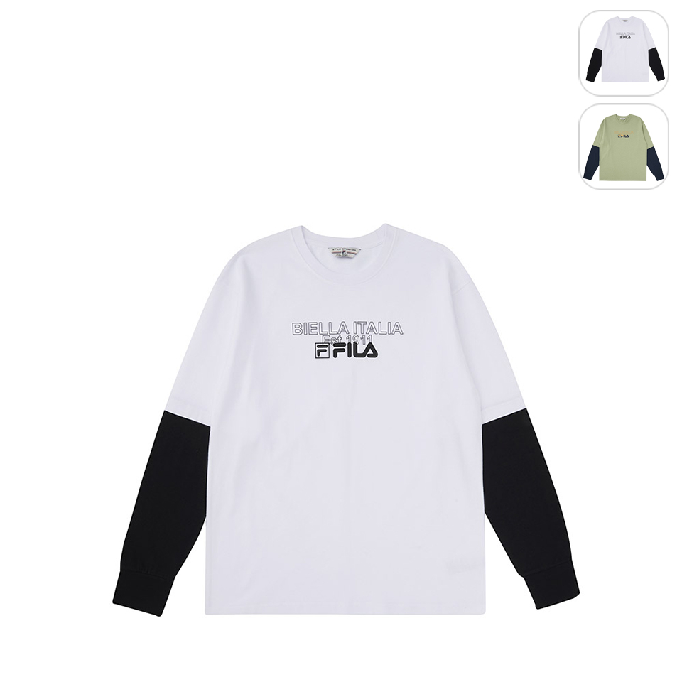 【FILA】男性 長袖假兩件 圓領T恤-白色 1TEW-5406-WT