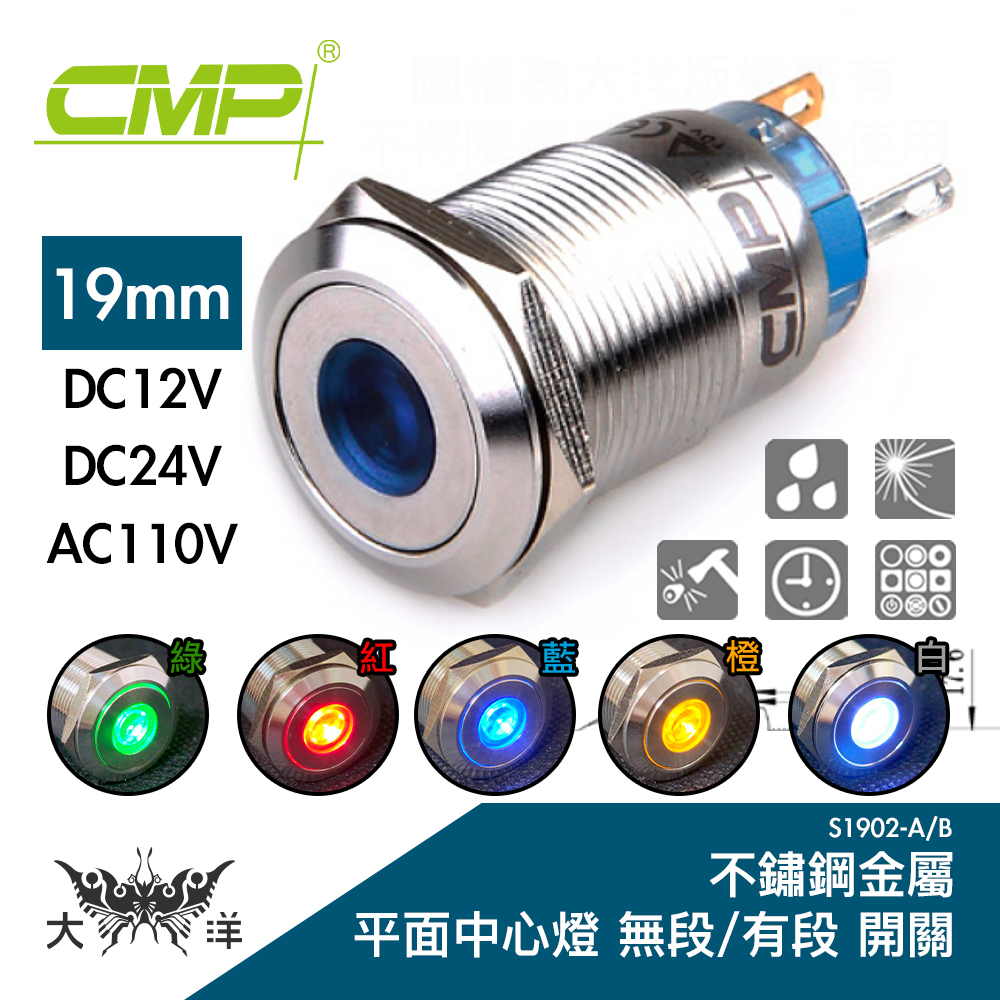 CMP 西普 19mm不鏽鋼金屬平面中心燈無段開關 DC12V DC24V AC110V S1902A 大洋國際電子