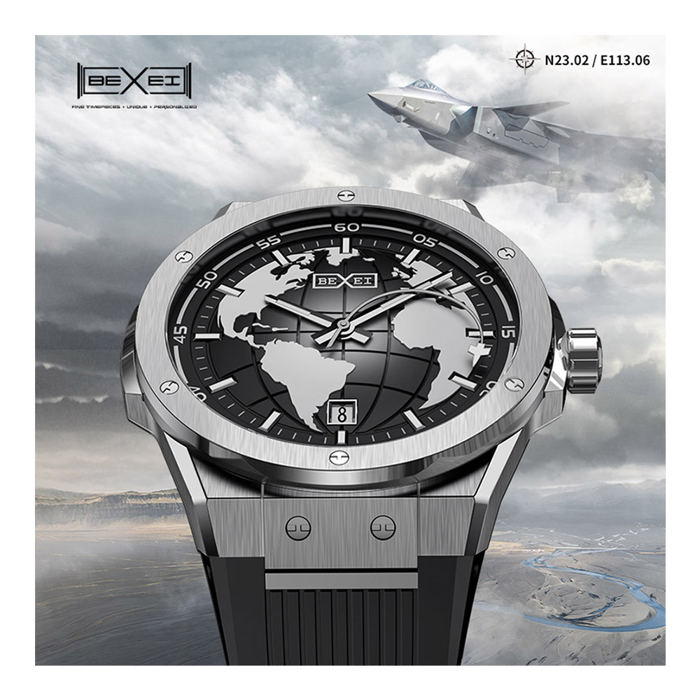 【WANgT】BEXEI 貝克斯 世界地圖戰鬥機指針藍寶石自動機械錶-9136(機械戰鬥機風格機械錶)