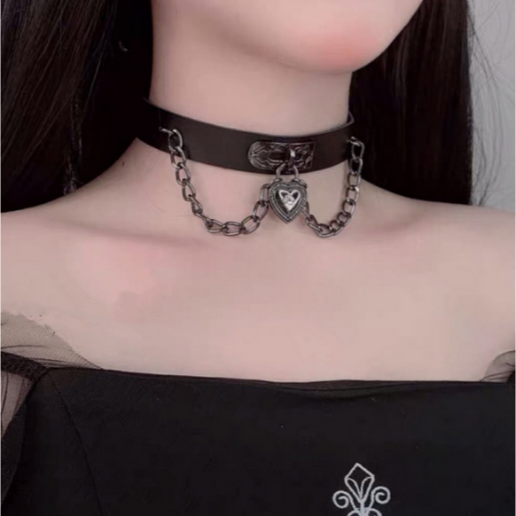 暗黑 龐克風 心型 頸鏈 項鍊 脖圍 項圈 飾品