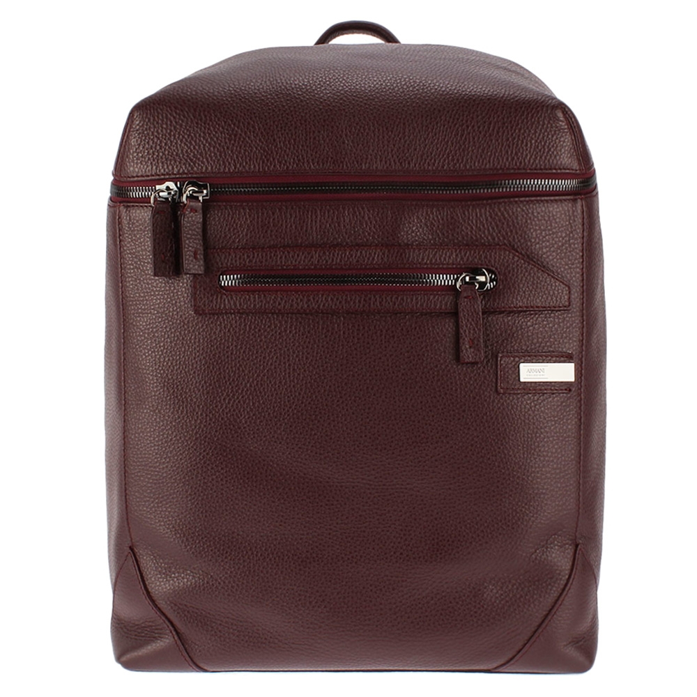 ARMANI COLLEZIONI粒紋皮革鐵牌LOGO大後背包(酒紅)102305-1｜GoBrand購名牌