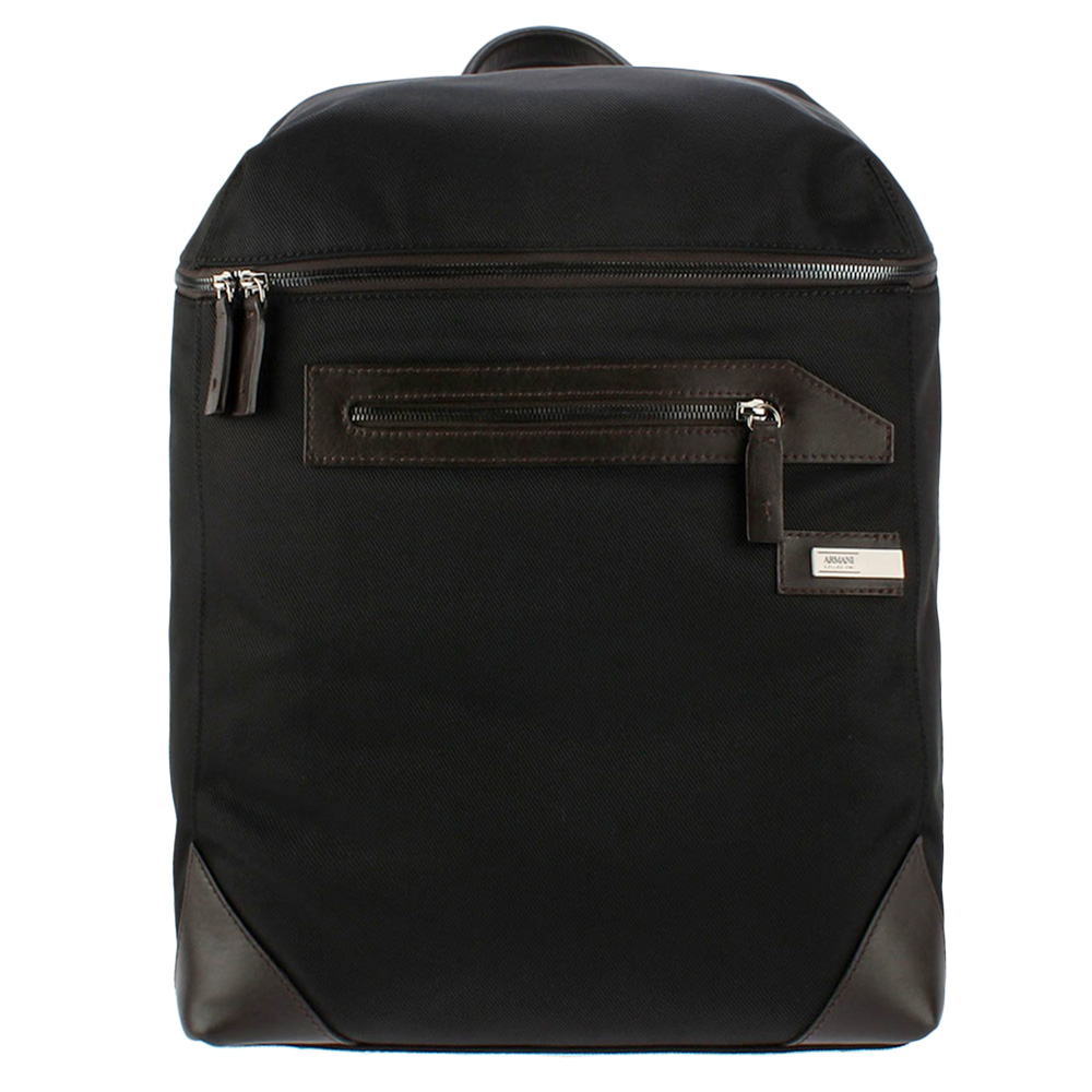 ARMANI COLLEZIONI鐵牌LOGO皮革飾邊後背包(黑色)102306｜GoBrand購名牌