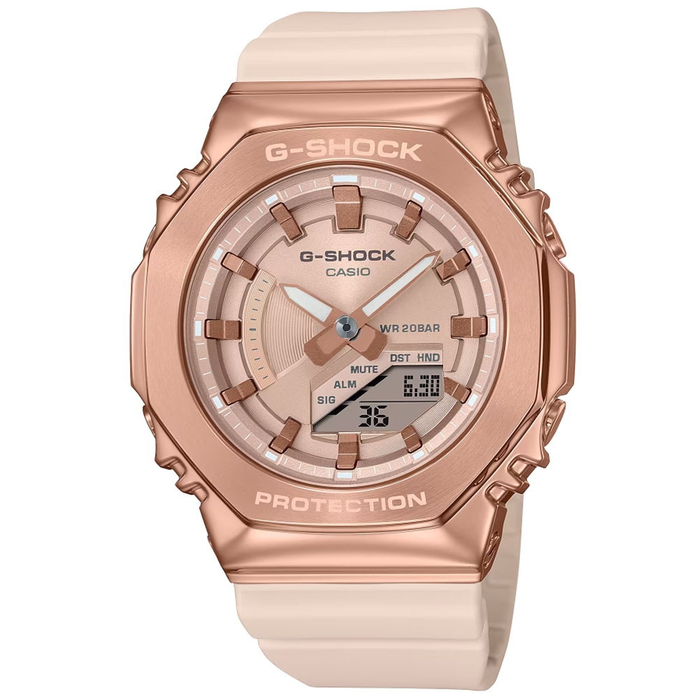 CASIO 卡西歐 G-SHOCK  ITZY八角形錶殼 粉紅金和粉米色 雙顯腕錶GM-S2100PG-4A