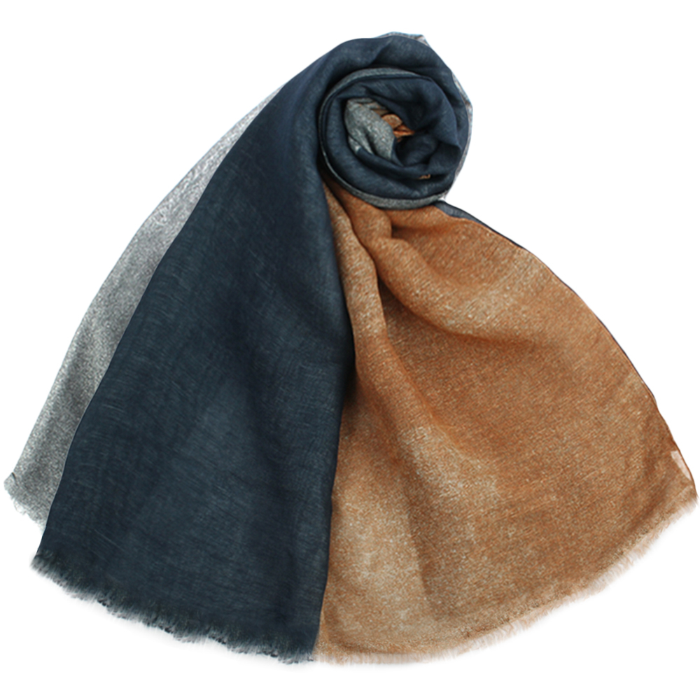 ARMANI COLLEZIONI經典拼色混絲披肩圍巾(深藍/棕色)102814-1