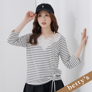 betty’s貝蒂思(25)蕾絲拼接細條紋V領長袖T-shirt(白色)