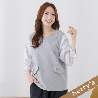 betty’s貝蒂思(25)條紋拼接圓領長袖上衣(淺灰色)