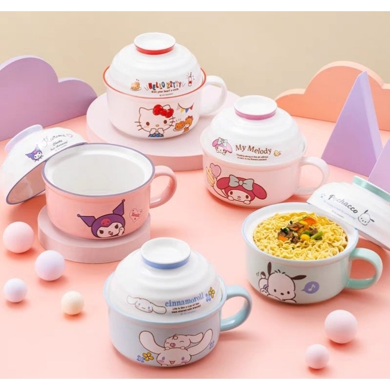 （現貨）三麗鷗kitty/庫洛米/美樂蒂日式卡通泡麵碗 實用帶蓋陶瓷碗
