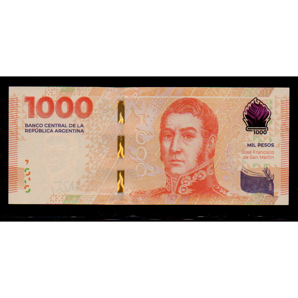 【低價外鈔】阿根廷 ND 2023年 1000Pesos 紙鈔一枚，聖馬丁將軍與安地斯山脈圖案，最新發行~
