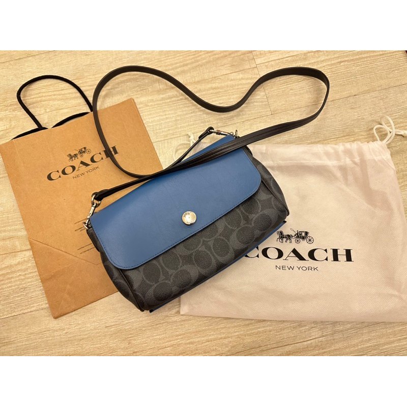 🌟COACH皮革雙面斜背包-藍 🌟