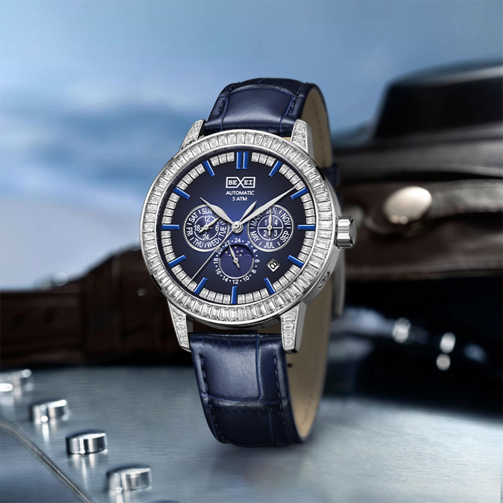 【WANgT】BEXEI 貝克斯 卓越方鑽鑲嵌錶圈皮革自動機械錶-9157(鑲鑽高貴風格機械錶)