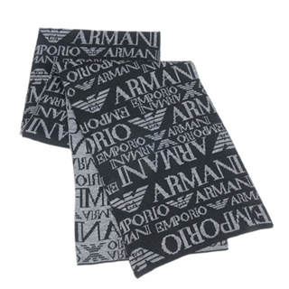 EMPORIO ARMANI滿版LOGO雙面織紋羊毛圍巾(黑灰)084060-1