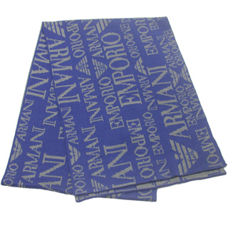 EMPORIO ARMANI滿版LOGO雙面織紋羊毛圍巾(藍灰)084060-2