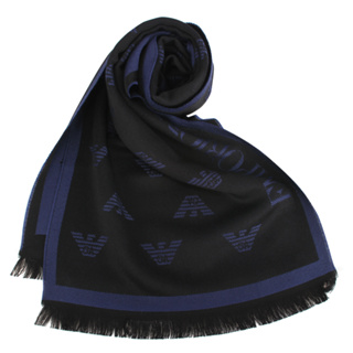 EMPORIO ARMANI滿版老鷹LOGO雙面羊毛圍巾(藍黑)104000