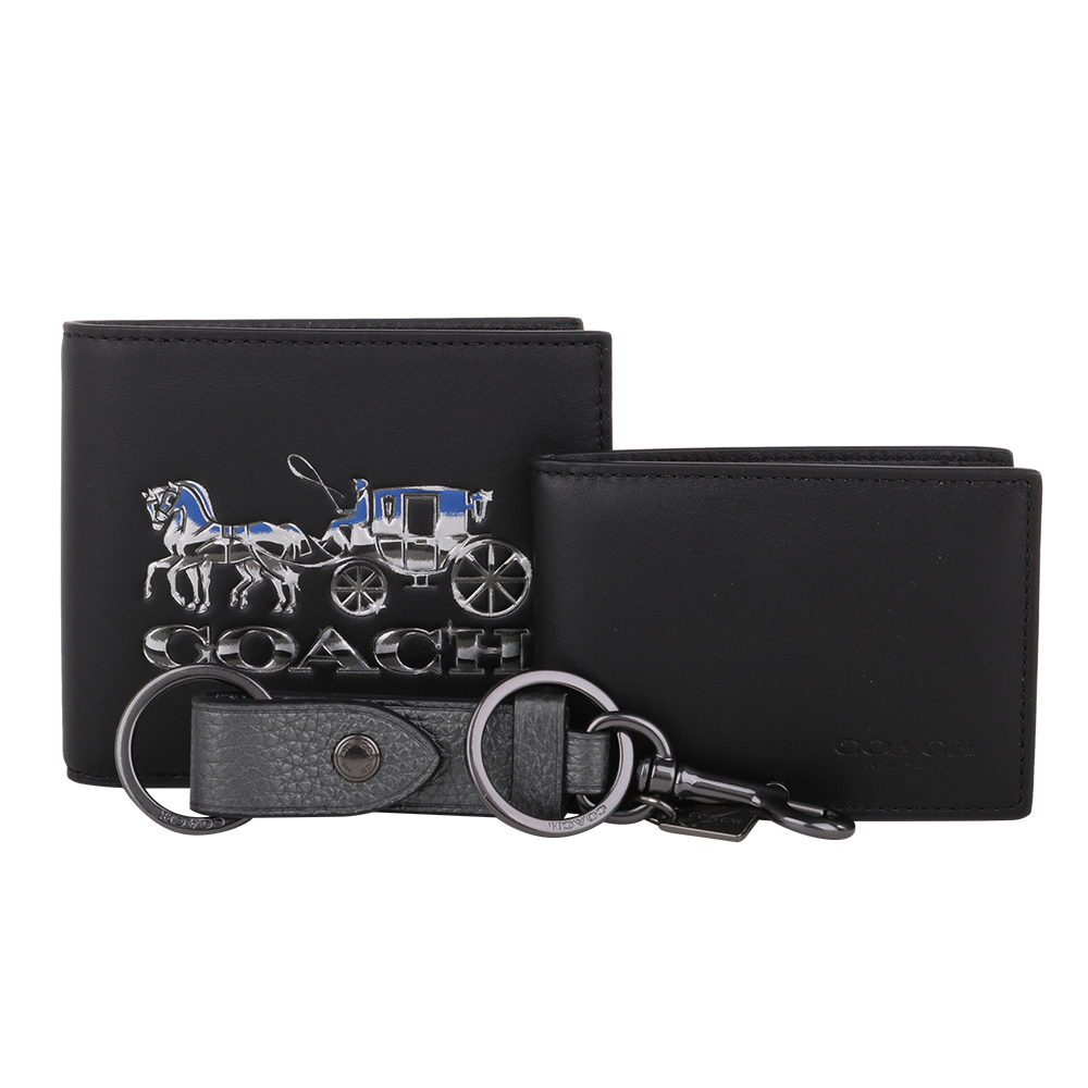 COACH-壓印白馬車LOGO短夾+鑰匙圈+卡夾3入禮盒組(黑)