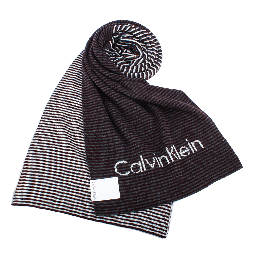 Calvin Klein CK雙拼色條紋針織圍巾(酒紅)103214-3