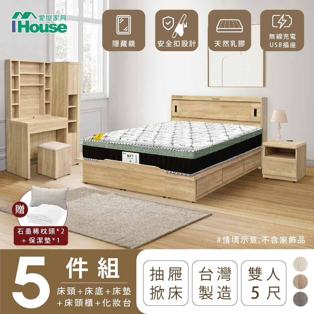 IHouse-品田 房間5件組(床頭箱+掀抽床底+床墊+床頭櫃+衣櫃)