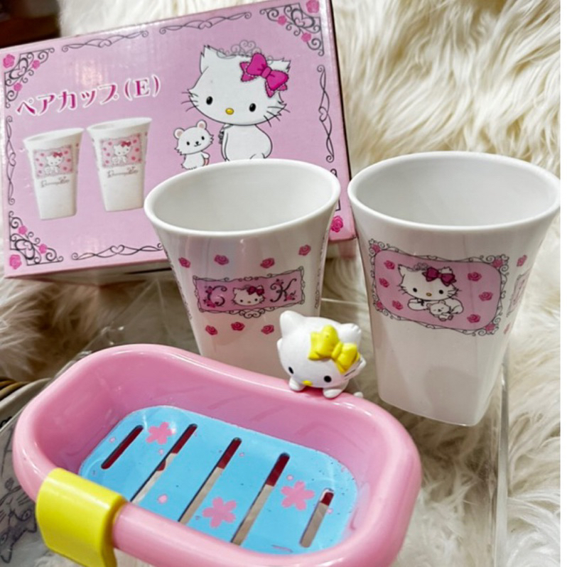 日本進口Hello Kitty陶瓷恰米貓全新雙杯加恰米浴盆造型皂盆