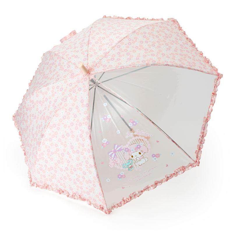 ♥小玫瑰日本精品♥美樂蒂 滾邊直式雨洋傘 雨傘 手把直傘 粉色荷葉邊傘 55524100