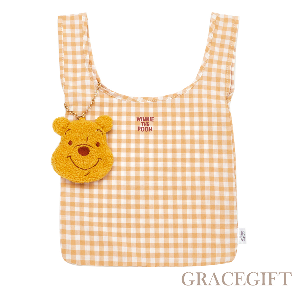 【Grace Gift】迪士尼小熊維尼款Q毛吊飾收納環保袋