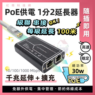 現貨含稅🚀 千兆／百兆 100米 可級聯 一分二 POE延長器 1進2出 中繼器 延伸器 監控電源 擴充器 網路供電