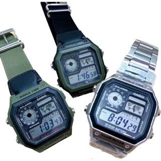 CASIO 卡西歐 世界地圖錶 軍綠 黑 鋼錶 帆布錶帶 手錶 AE-1200WHB-1B -3B DOT聚點