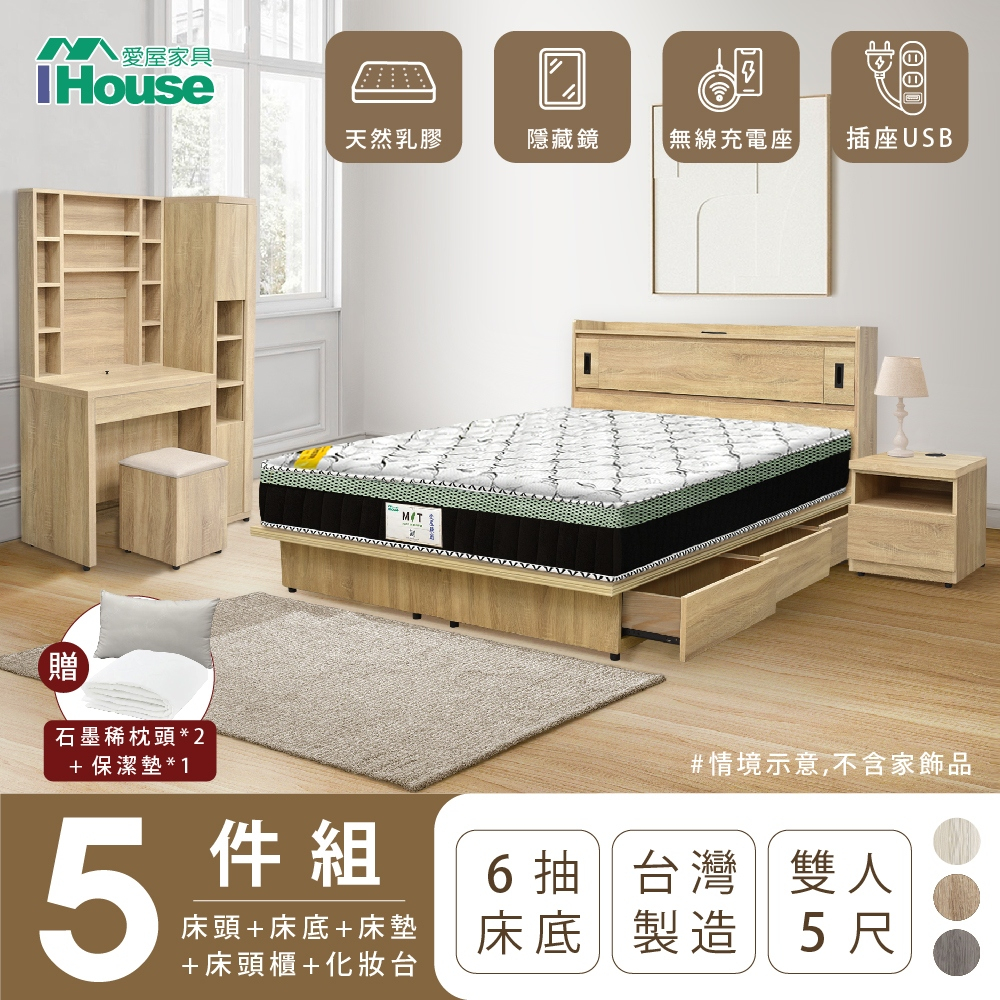 IHouse-品田 房間5件組(床頭箱+掀抽床底+床墊+床頭櫃+鏡台含椅)