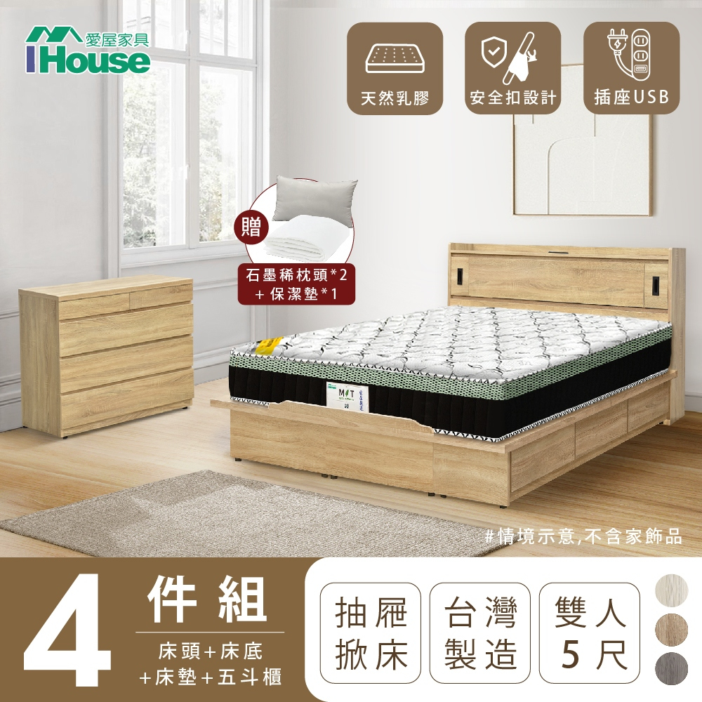 IHouse-品田 房間4件組(床頭箱+掀抽床底+床墊+斗櫃)