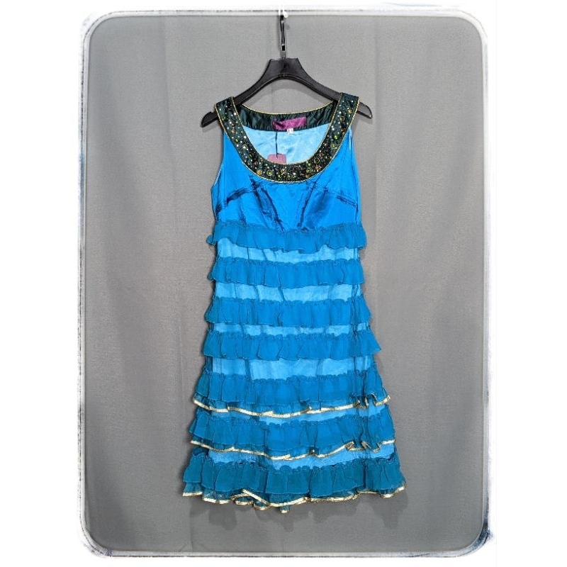 設計師洪英妮Robyn Hung層層蛋糕裙擺微閃耀藍色削肩長洋裝 A1227【點點藏物】