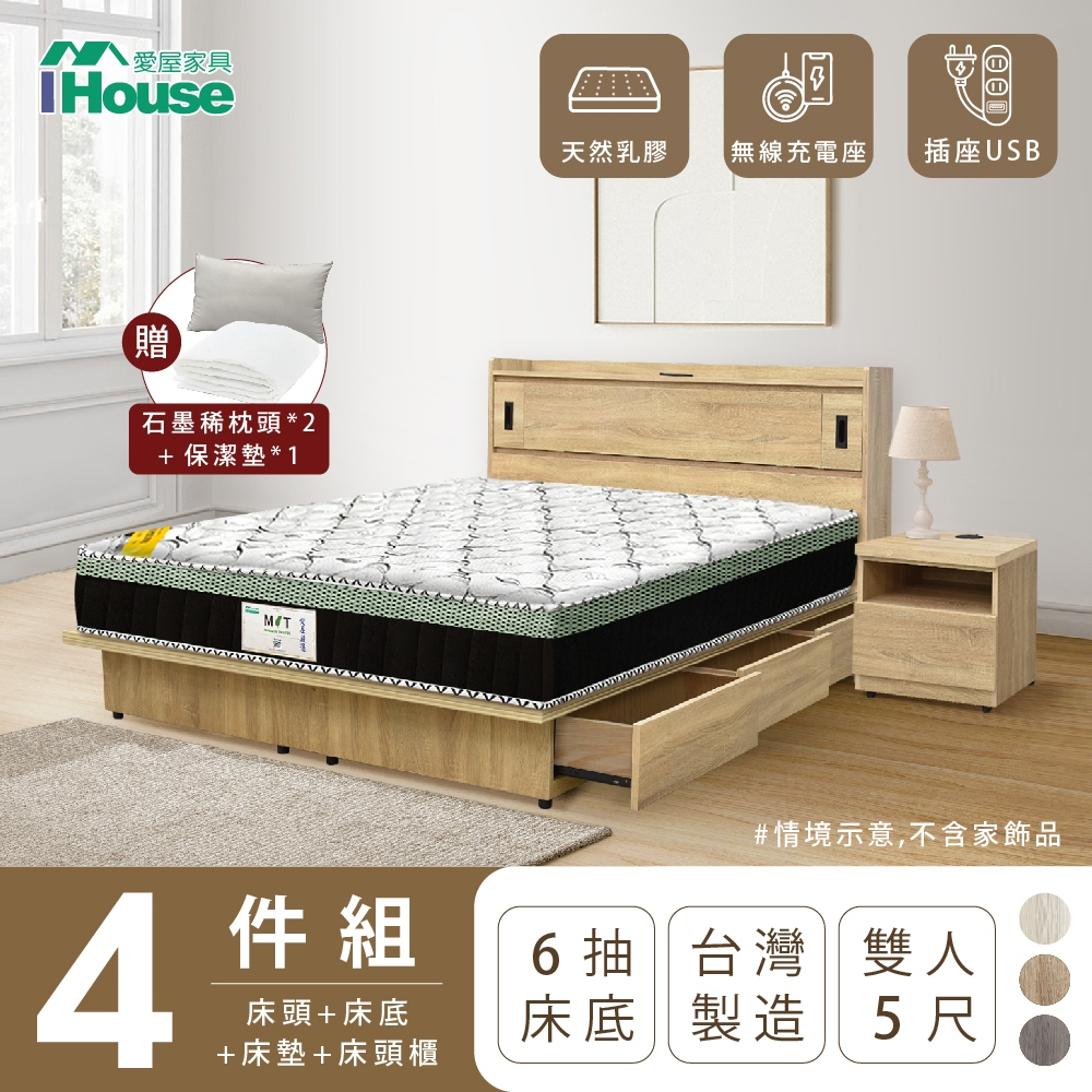 IHouse-品田 房間4件組(床頭箱+抽屜底+床墊+床頭櫃)