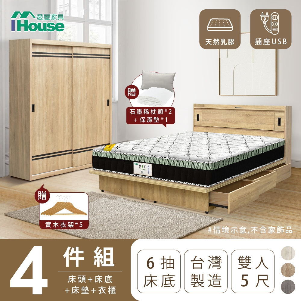 IHouse-品田 房間4件組(床頭箱+抽屜底+床墊+衣櫃)