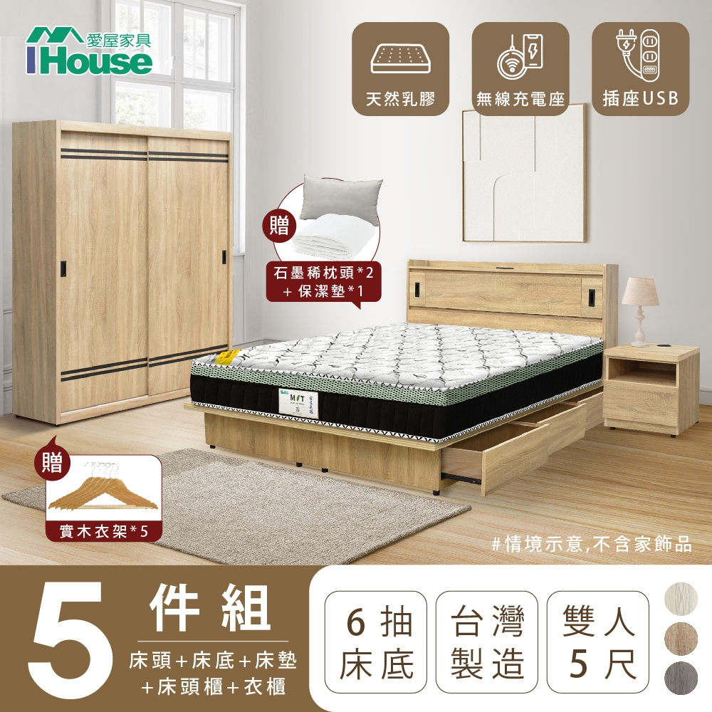 IHouse-品田 房間5件組(床頭箱+抽屜底+床墊+床頭櫃+衣櫃)