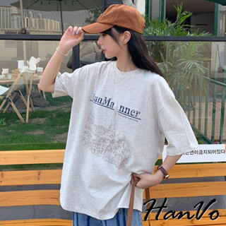 【HanVo】JunManner歐風城鎮印花短袖上衣 韓系親膚透氣T恤 棉質休閒上衣 女生衣著 A01-0068
