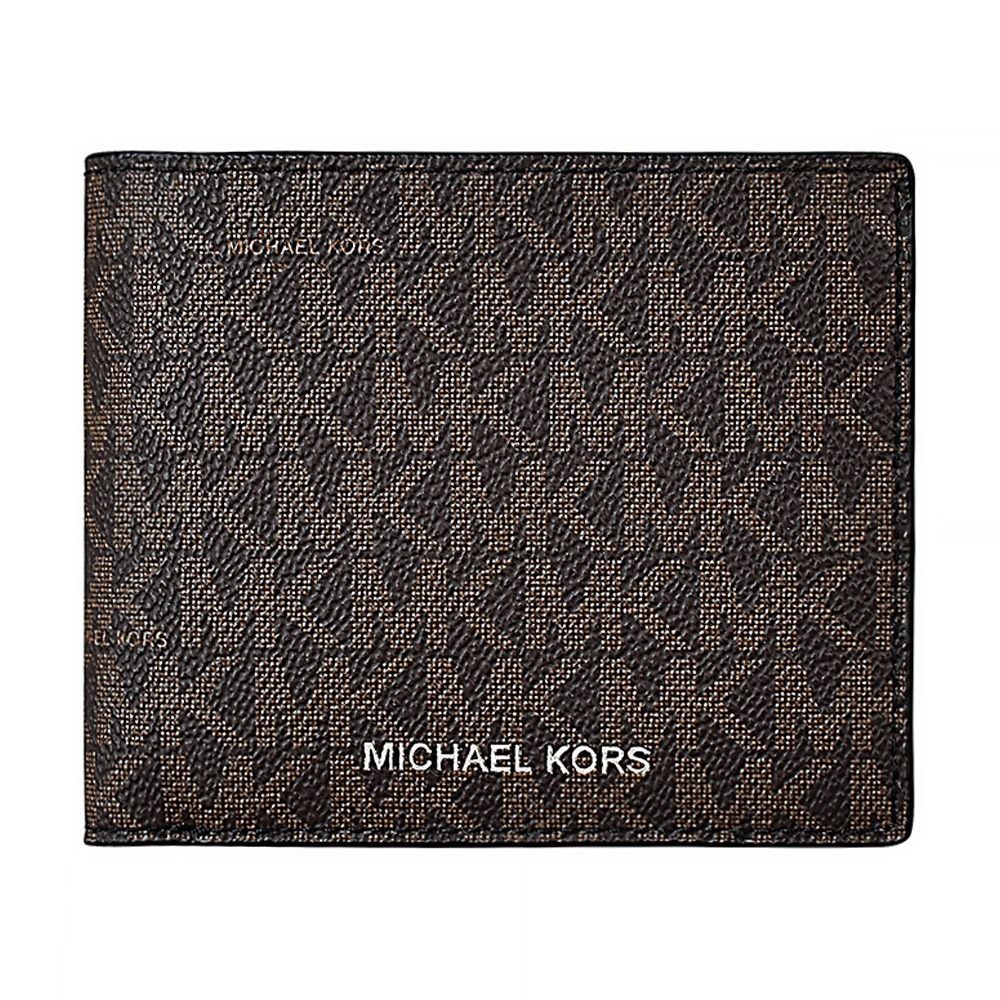 MK MICHAEL KORS COOPER銀字LOGO印花PVC 4卡對折零錢短夾(棕x黑)