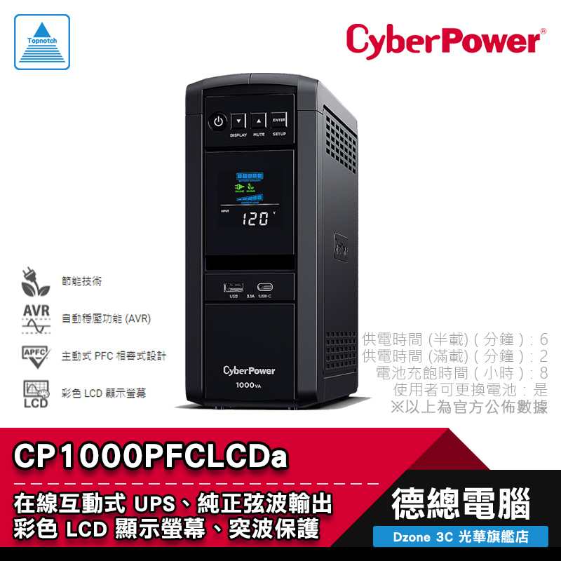 CyberPower CP1000PFCLCDa 在線互動式PFC正弦波不斷電系統