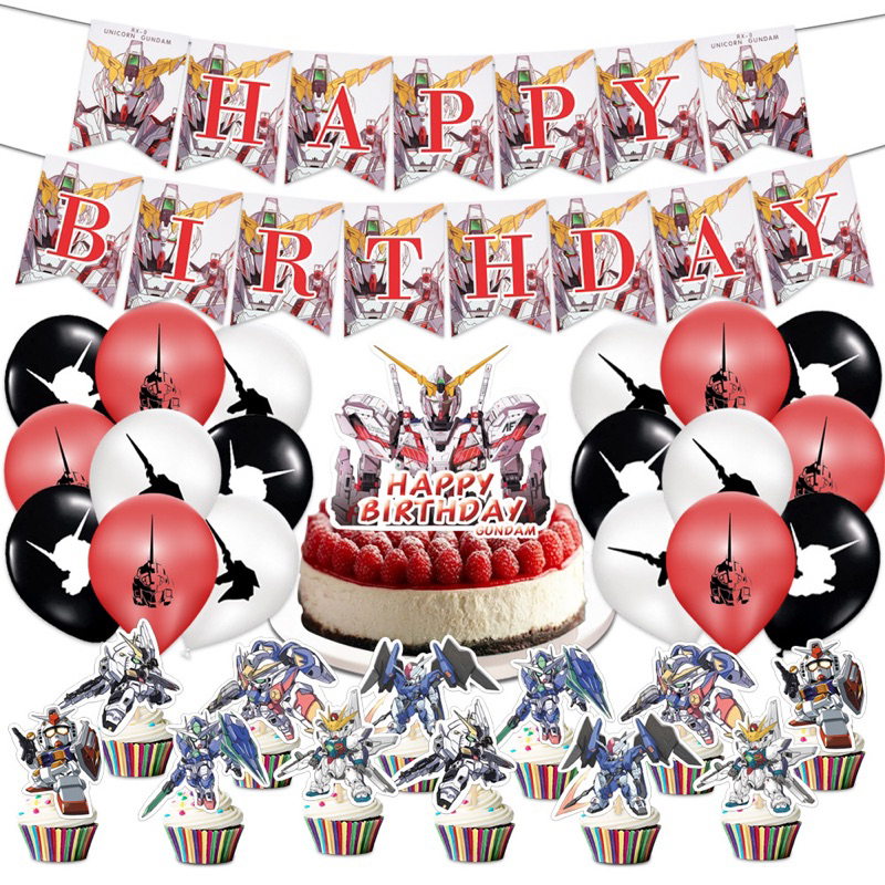 【喵樂購】台灣現貨 高達 生日派對氣球 機器人 生日拉旗 派對佈置 蛋糕插旗 絲帶 背景道具 裝飾佈置
