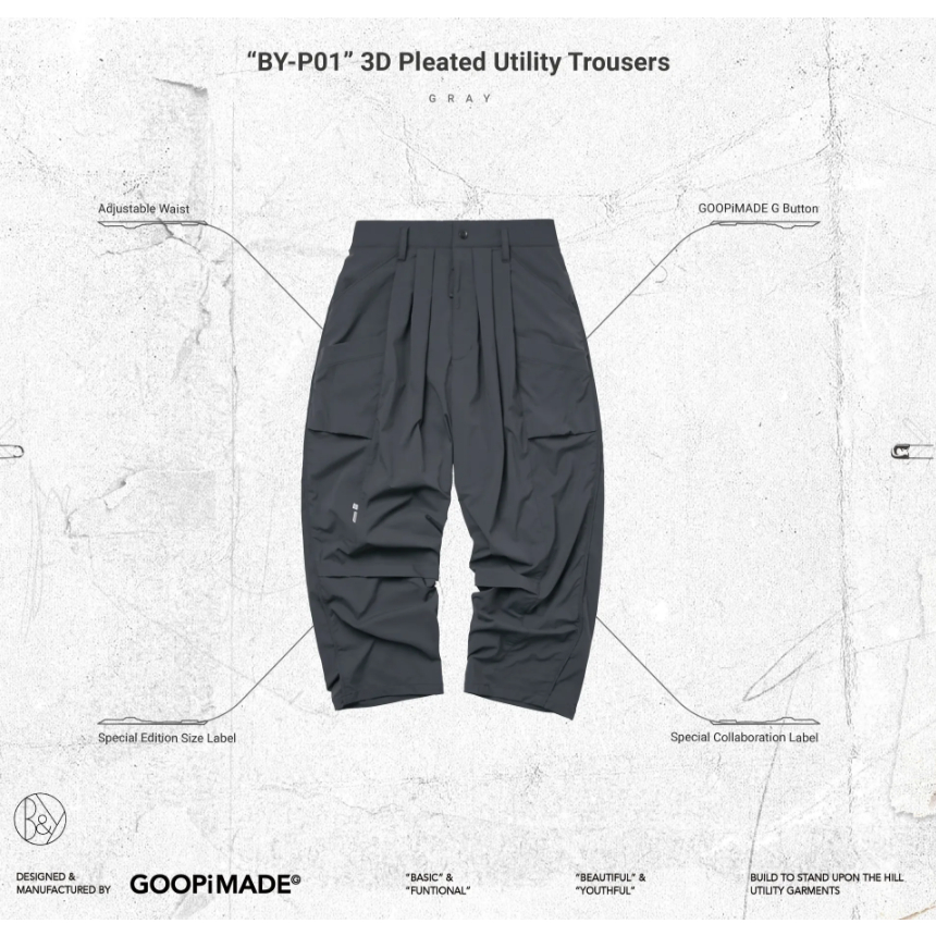 Goopi “BY-P01” 3D Pleated Utility Trousers - Gray
