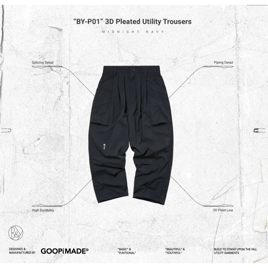 Goopi “BY-P01” 3D Pleated Utility Trousers - Midnight Navy